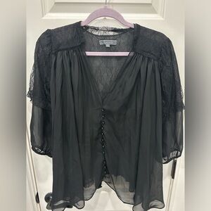 Gracia v neck button down tulle Lace Sheer black puff sleeve romantic top